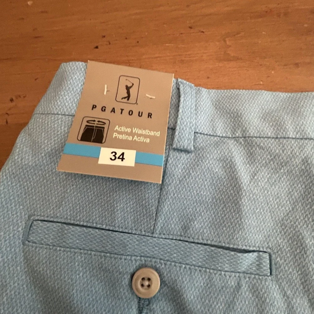 PGA TOUR Shorts Mens 34 Blue Herringbone Golf Chino 9 Inch Inseam Elastic Waist